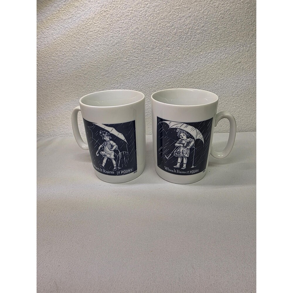 Vintage Morton Salt Mugs Set of 2, When It Rains It Pours Umbrella Girl Coffee